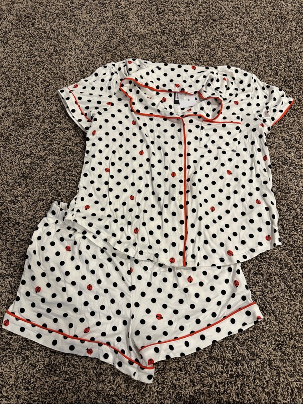 kate spade White Polka Dot Short Pajama Set with Red Trim and Ladybug Motif